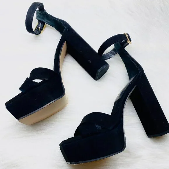 GOOD AMERICAN Suede Square Toe Platform Chunky Heels GA159K-E Black Sz 6  NEW - Picture 3 of 5